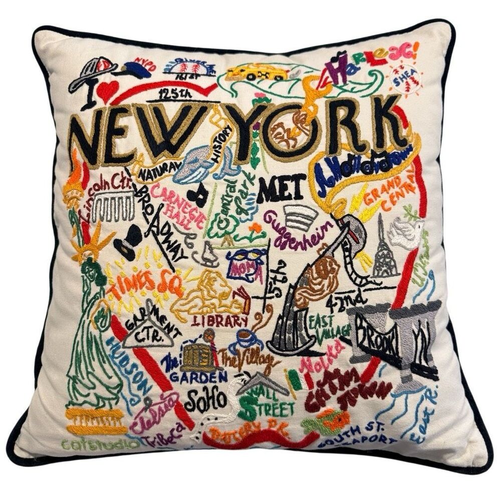 Vintage Catstudio Geography Collection Hand Embroidered Throw Pillow Multicolor